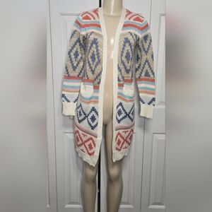Boho Southwest Geometric Knit Long Cardigan Sweater Women’s Small Pockets Tribal